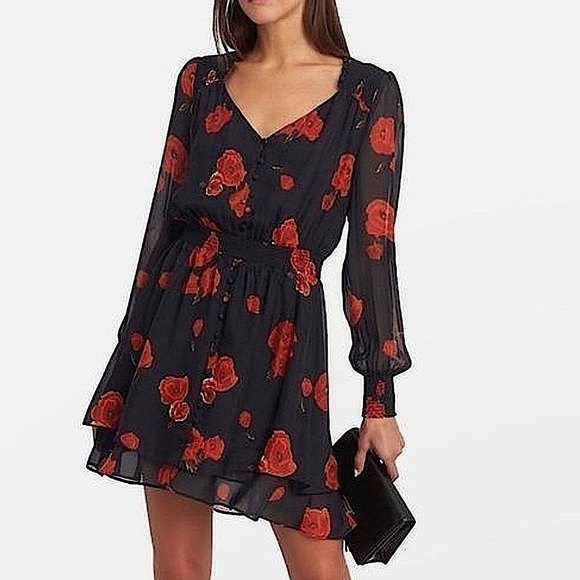 Intermix Kayla Poppy Floral 100% Silk Mini Short Dress, Black/Red, Size 0 - Picture 3 of 16